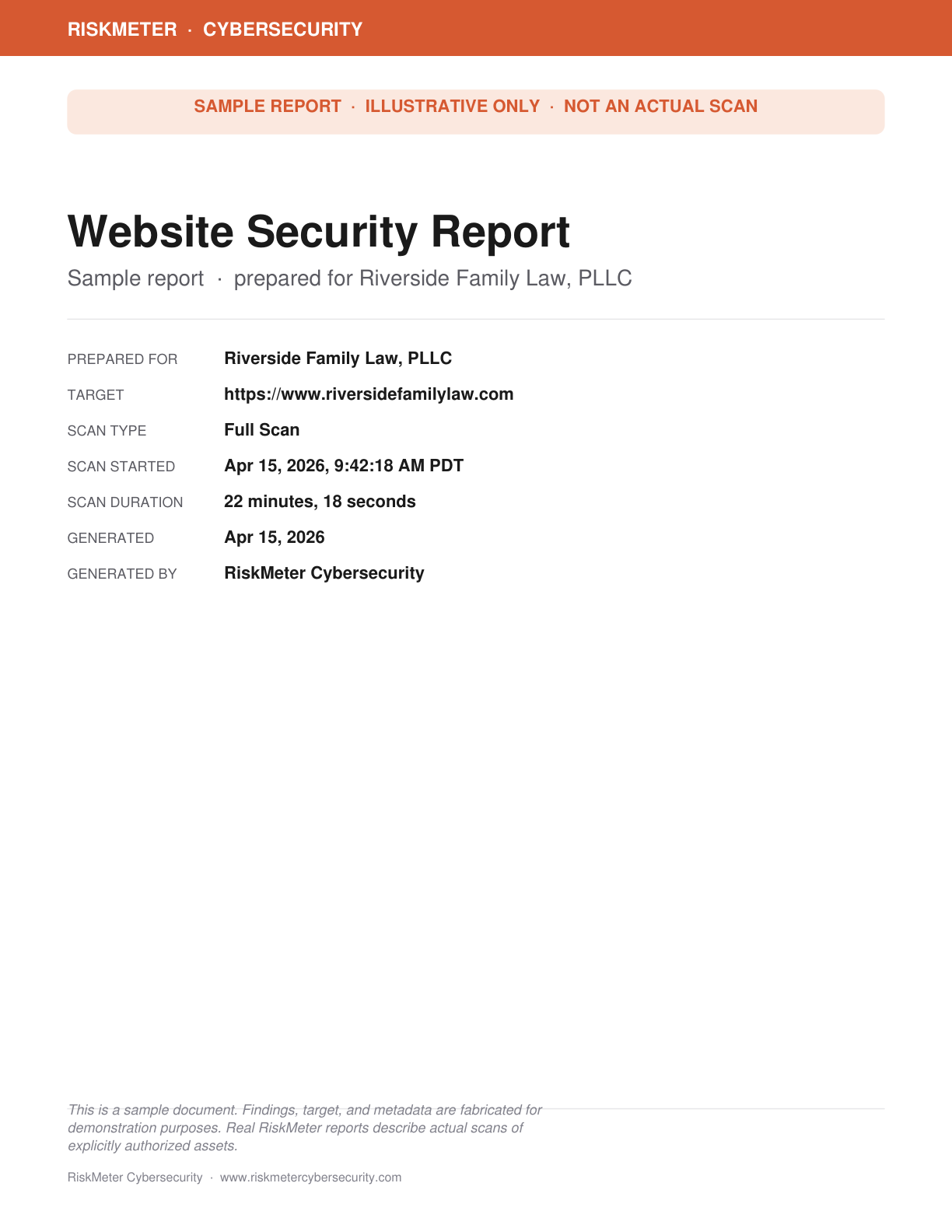 Sample RiskMeter Website Security Report cover prepared for Riverside Family Law, PLLC